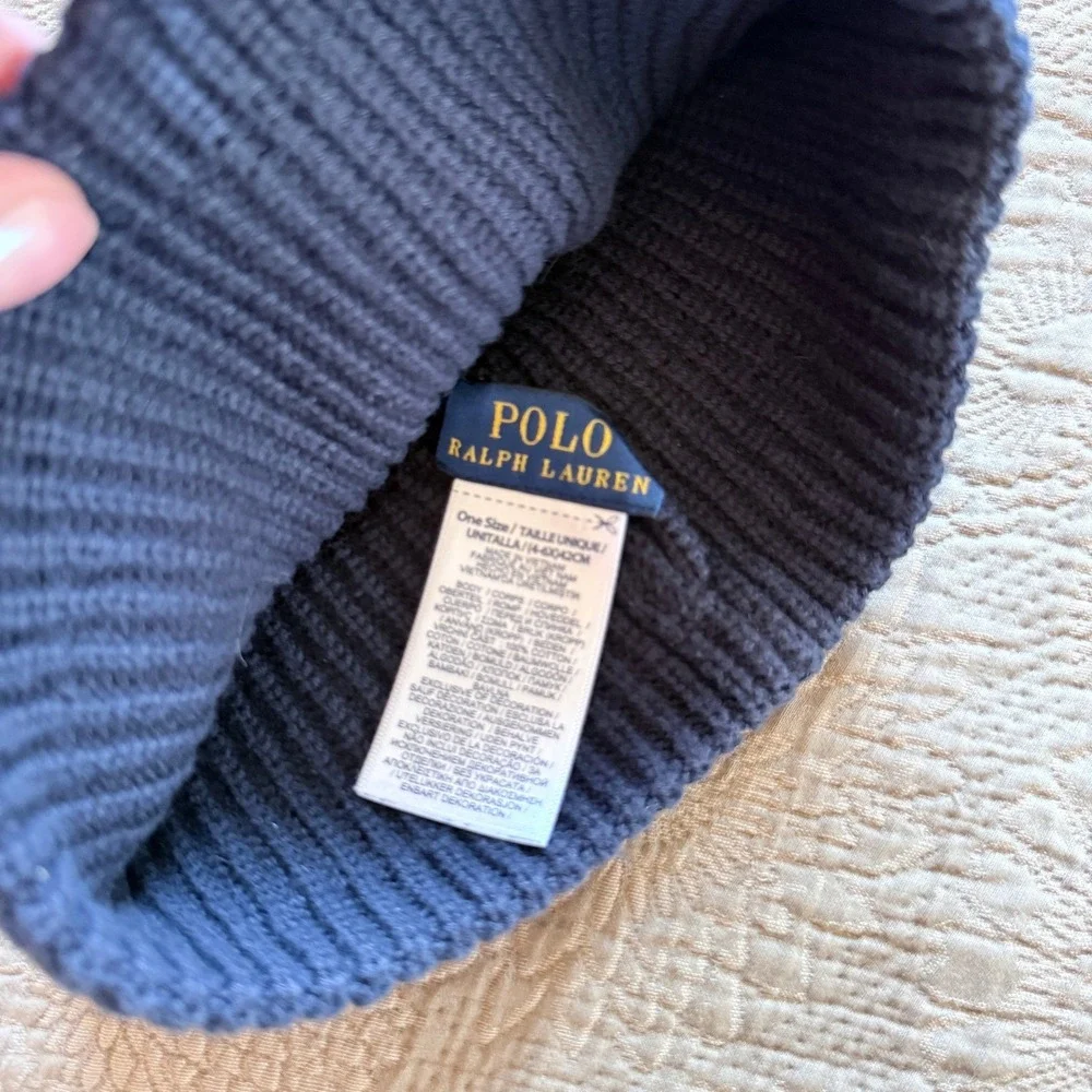 Polo Ralph Lauren Bear Navy Blue Ribbed Knit Toddler Beanie Hat One Size Cotton